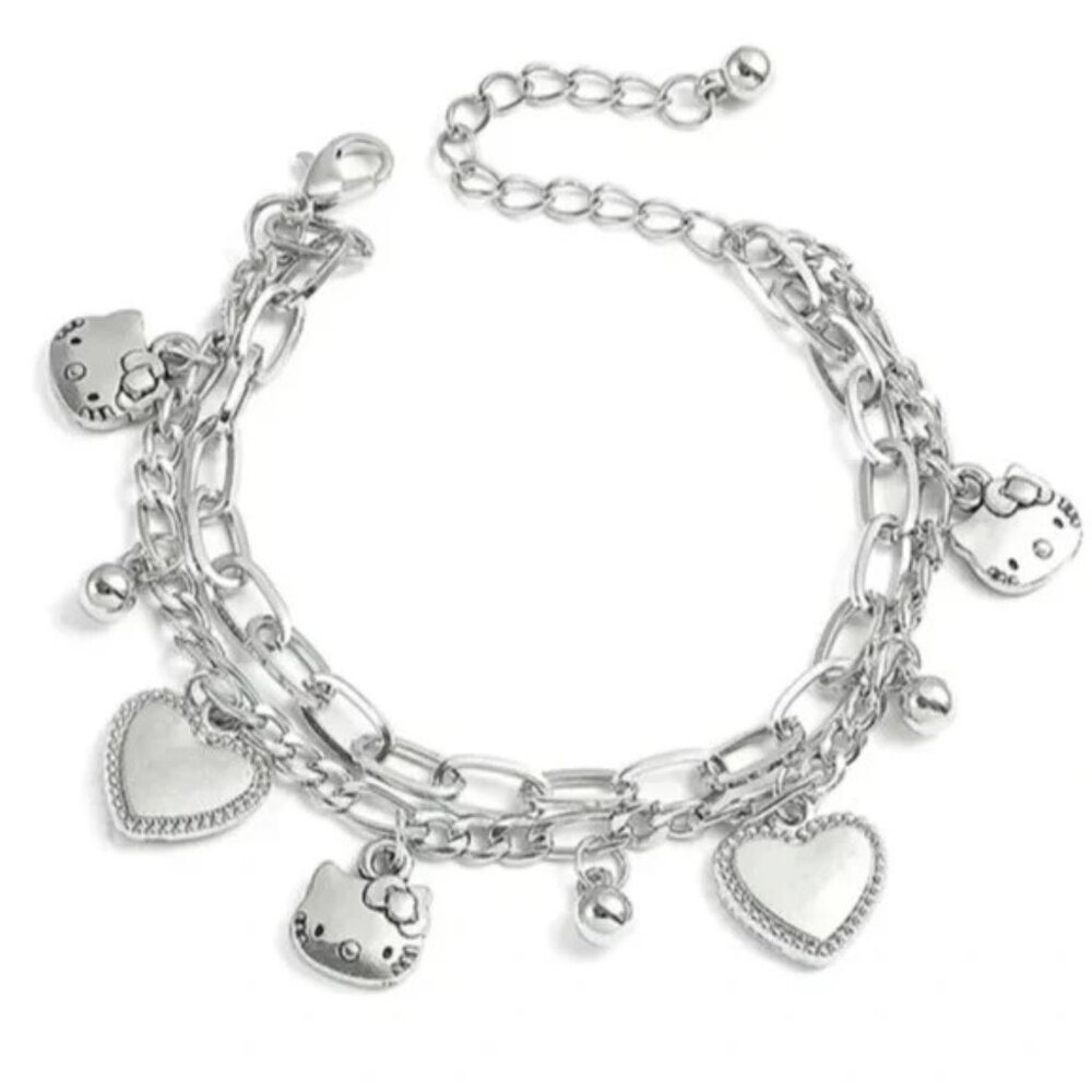 Hello Kitty Charm Bracelet Rhinestone Hearts Double Chain Emo Beads Trendy Rave